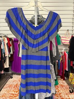 Gianni Bini Blue and Gray Striped Ruffle Off-Shoulder Tunic